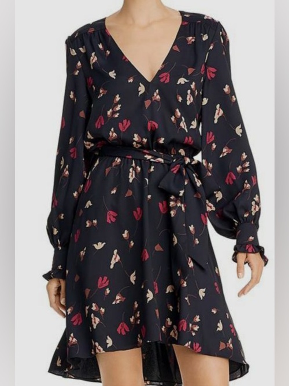 Joie Women's Black Floral Marlayne High Low V-Neck Tie-Waist A-Line Dress